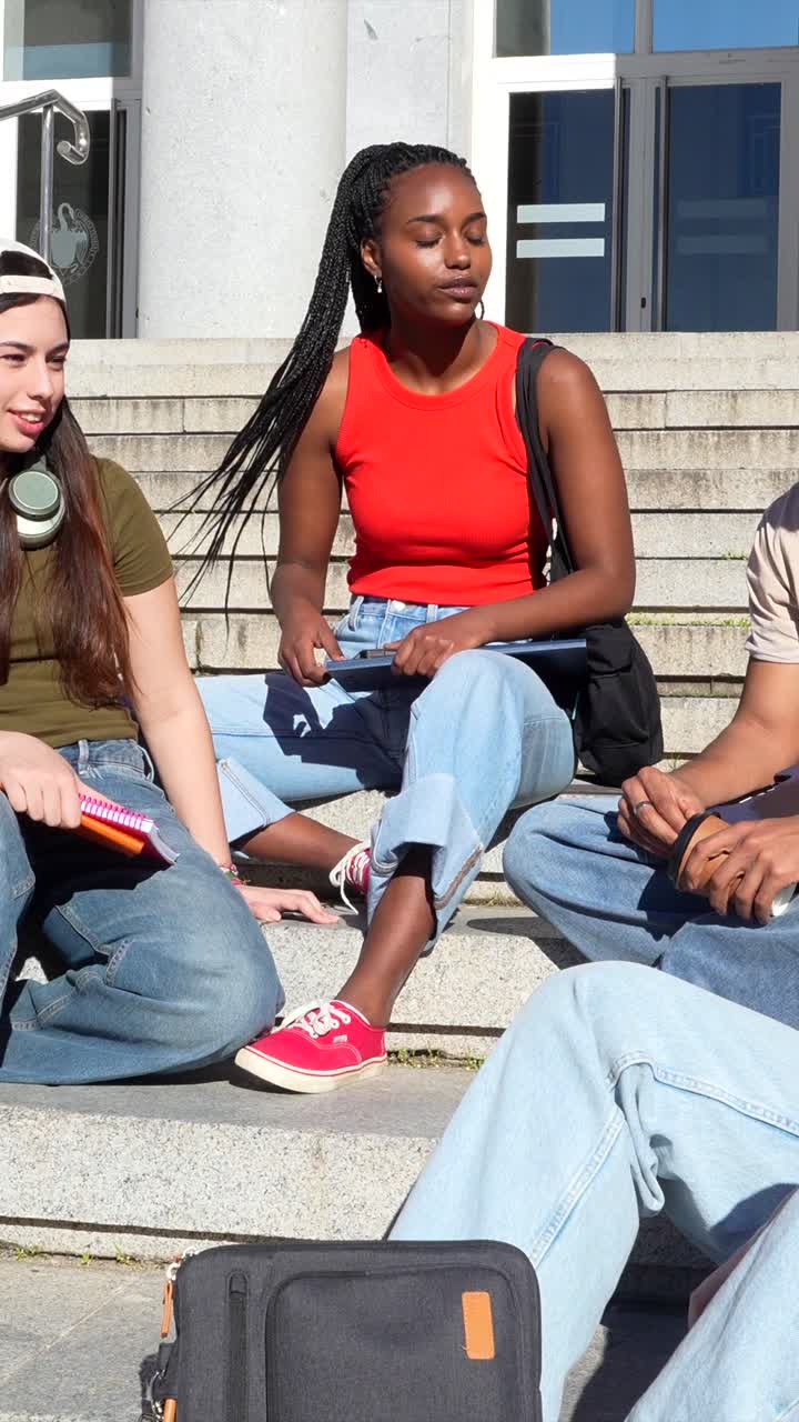 Diverse Group of University Students Talking and Relaxing on Campus Steps