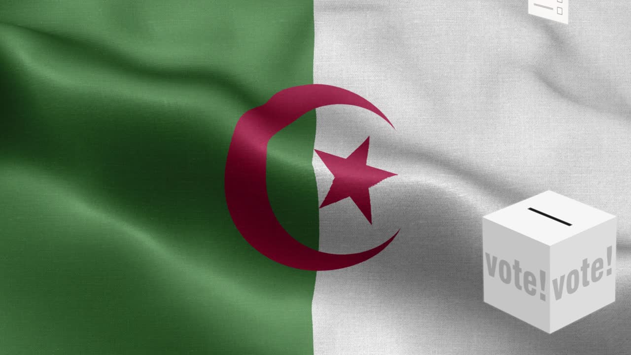Ballots fly to box for Algeria selection - Ballot box in front of flag - Election - Vote - Flag Of Algeria - Algeria Flag High Detail - National flag Algeria wave Pattern loopable Elements - Fabric texture and endless loop