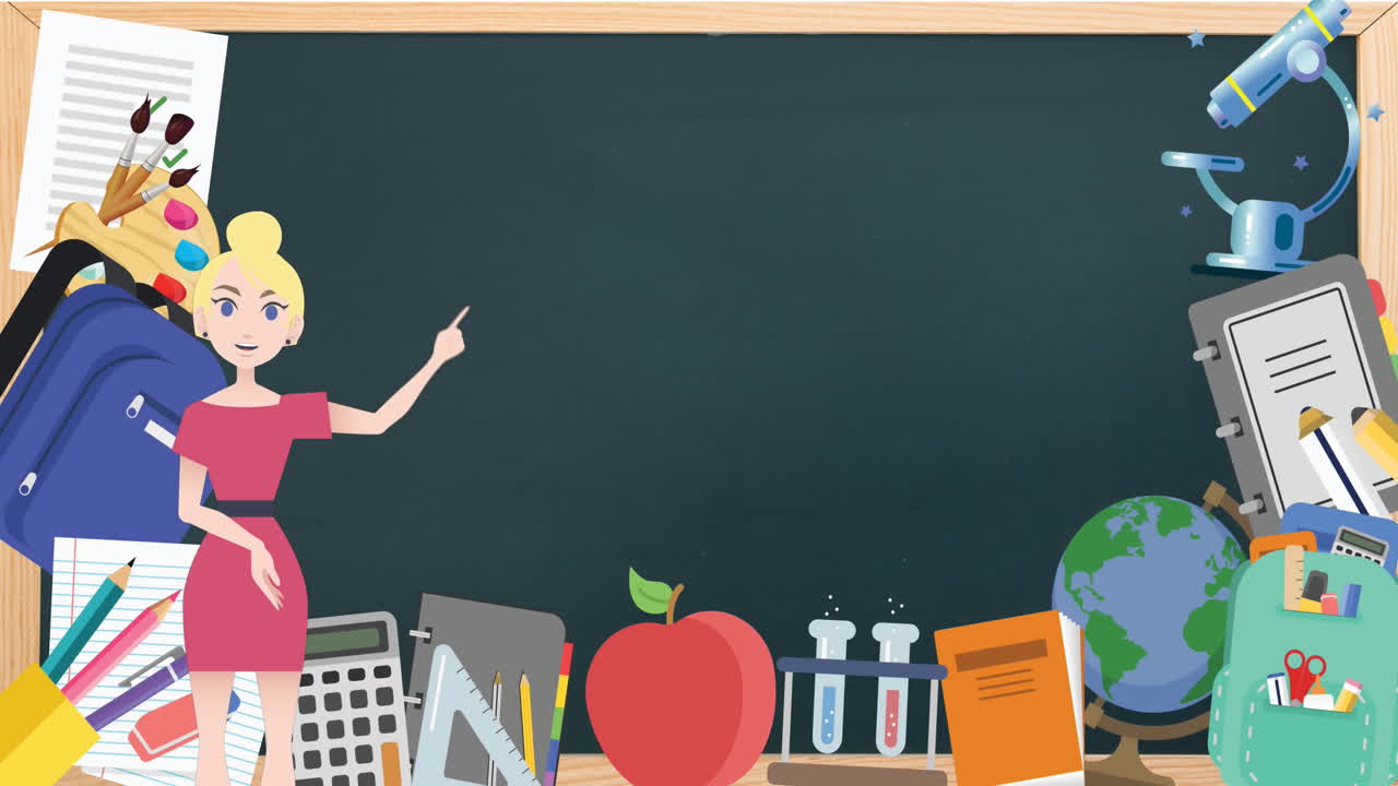 Animação de mulher falando sobre ícones de escola