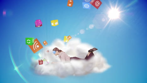 mujer de negocios usando una computadora portátil en una nube
