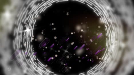 animación de formas púrpuras, círculos giratorios y estrellas sobre fondo negro