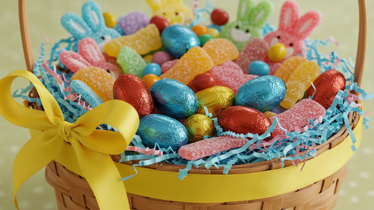 A Vibrant Easter Basket Overflowing with Colorful Candies, Chocolate Eggs, Marshmallow Bunnies, and a Cheerful Yellow Ribbon for Festive Celebrations