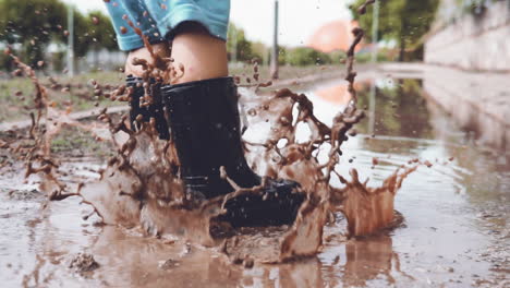 close up video of kid feet wearing rubber boots jumping in a muddy puddle on a rainy day at the park