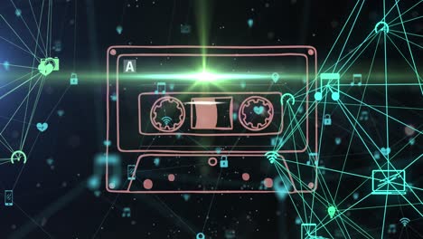 Digitale-Animation-Von-Neon-VHS-Band-Vor-Einem-Globus-Digitaler-Symbole,-Die-Sich-Vor-Schwarzem-Hintergrund-Drehen