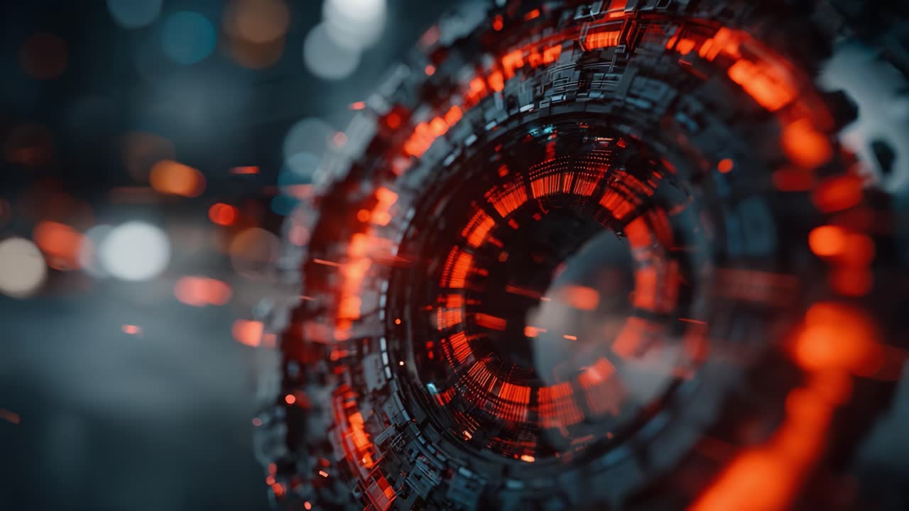Visualizzazione di tecnologia futuristica con dispositivo circolare con luci rosse pulsanti e dettagli intricati in un ambiente scuro