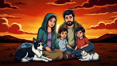 a heartwarming family scene at sunset: a loving family with two children, a dog, and a cat, gathering together in nature, embracing the beauty of togetherness and serenity