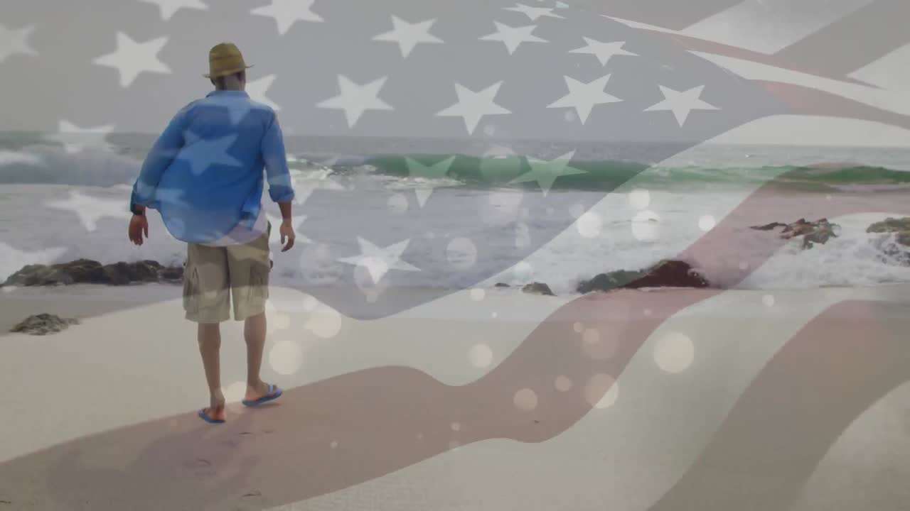 animación de un hombre afroamericano por el mar sobre la bandera de los estados unidos