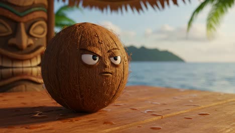 a determined coconut character with an animated expression on a tropical table next to a calm sea and island backdrop, captured in two distinct frames