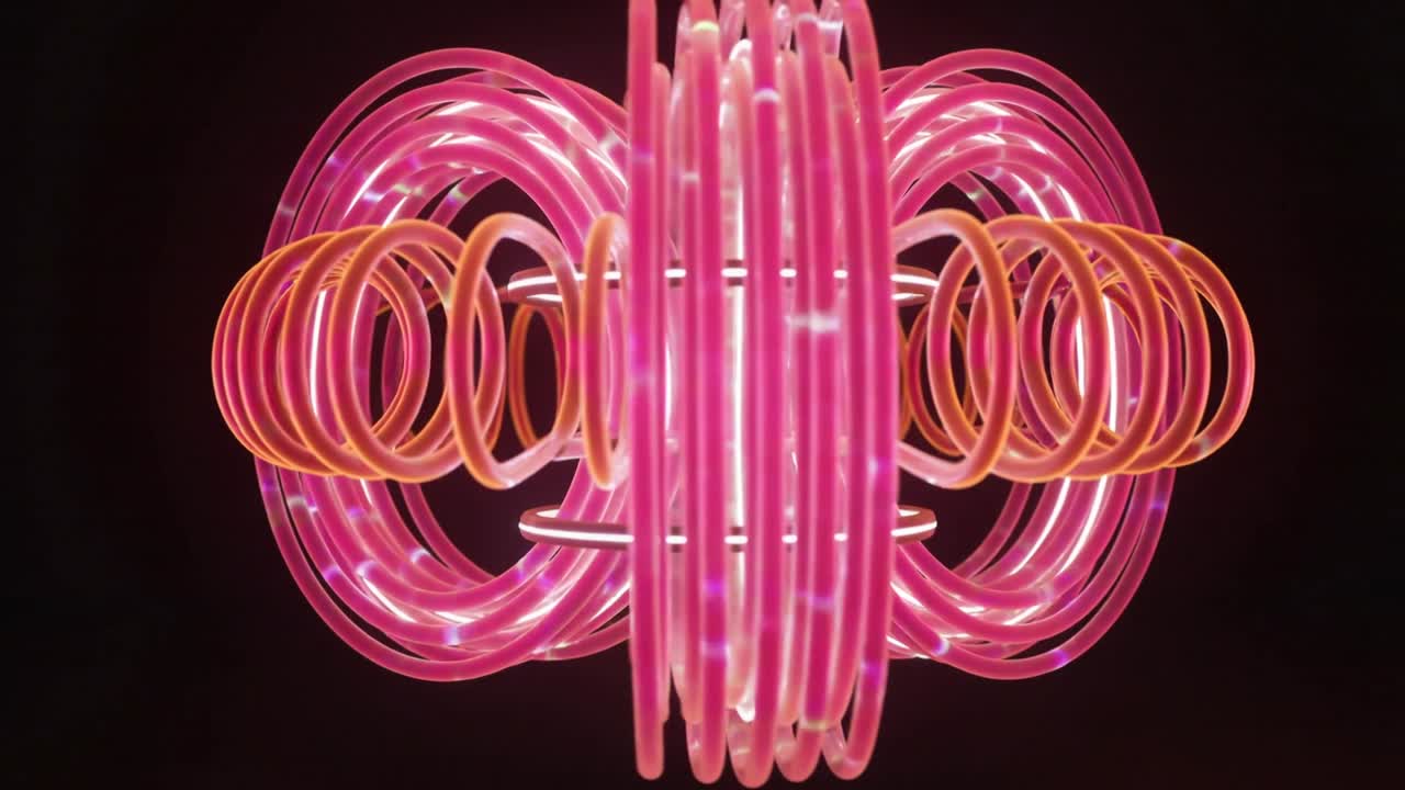 Starting animation driving neon torus sculpture rotating in void, revealing orange coils and rods