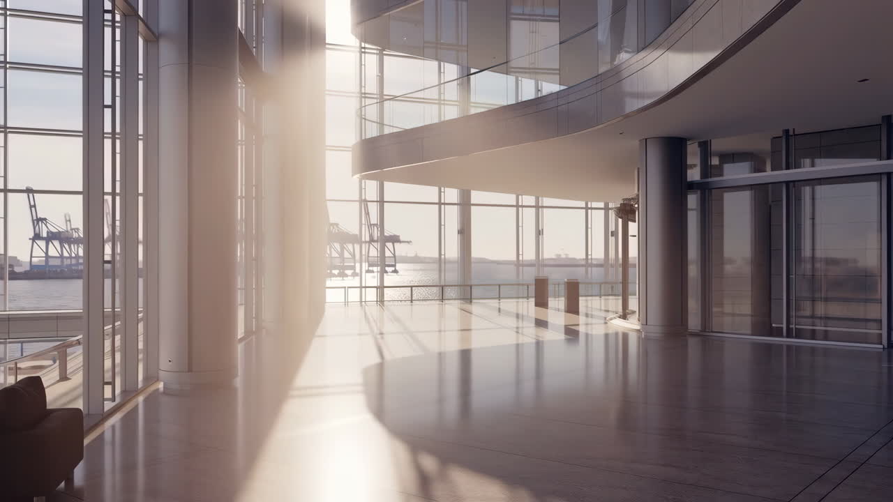 Modern Building Interior with Harbor View and Sunlight