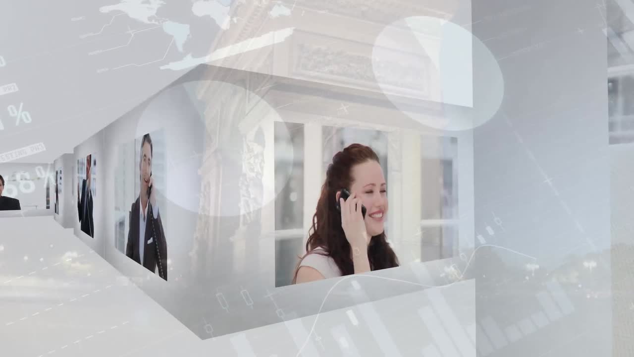 다양한 사업가들에 대한 금융 데이터 처리와 도시 풍경의 애니메이션