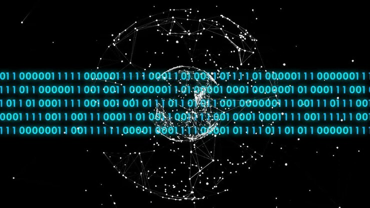 Animation of globe and spots over binary coding on black background