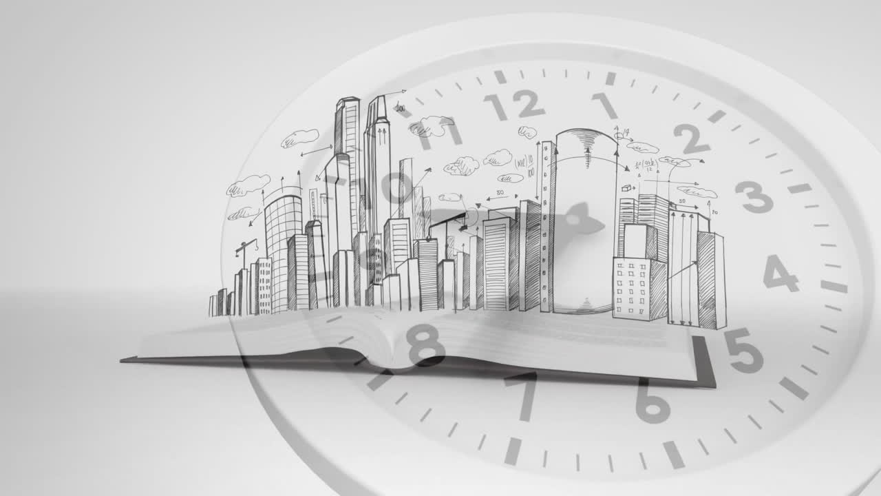 Animation of book with cityscape over clock ticking on white background