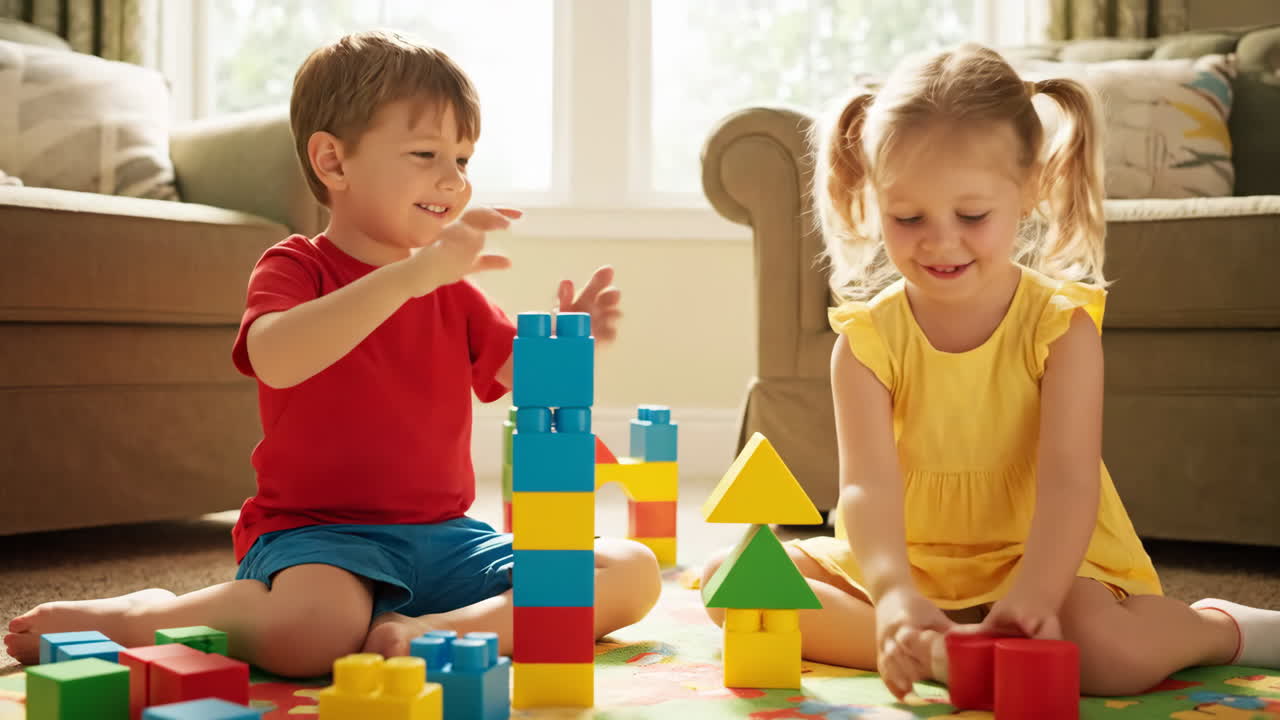 Happy Children Playing with Building Blocks
