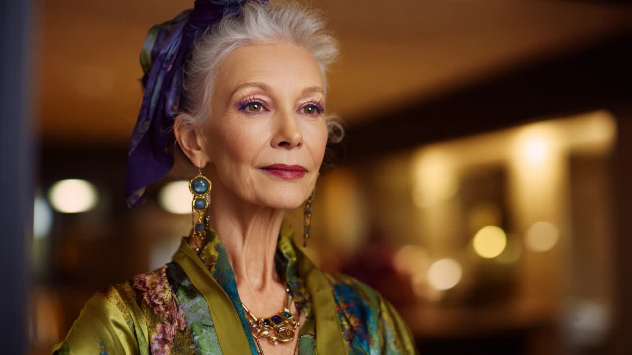 Donna anziana elegante vestita con abiti verde vivace, adornata con gioielli accattivanti, che emana sicurezza e grazia in un ambiente con illuminazione soffusa
