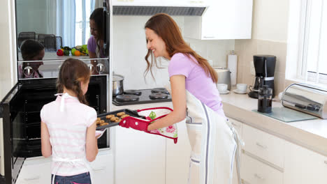 mother and daughter taking hot cookies from the oven