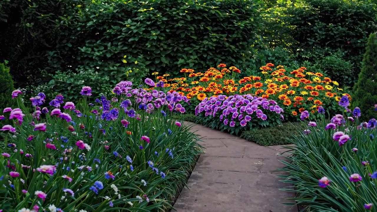 Caminho de Pedra no Jardim Cercado por Flores Vibrantes Roxas e Laranjas