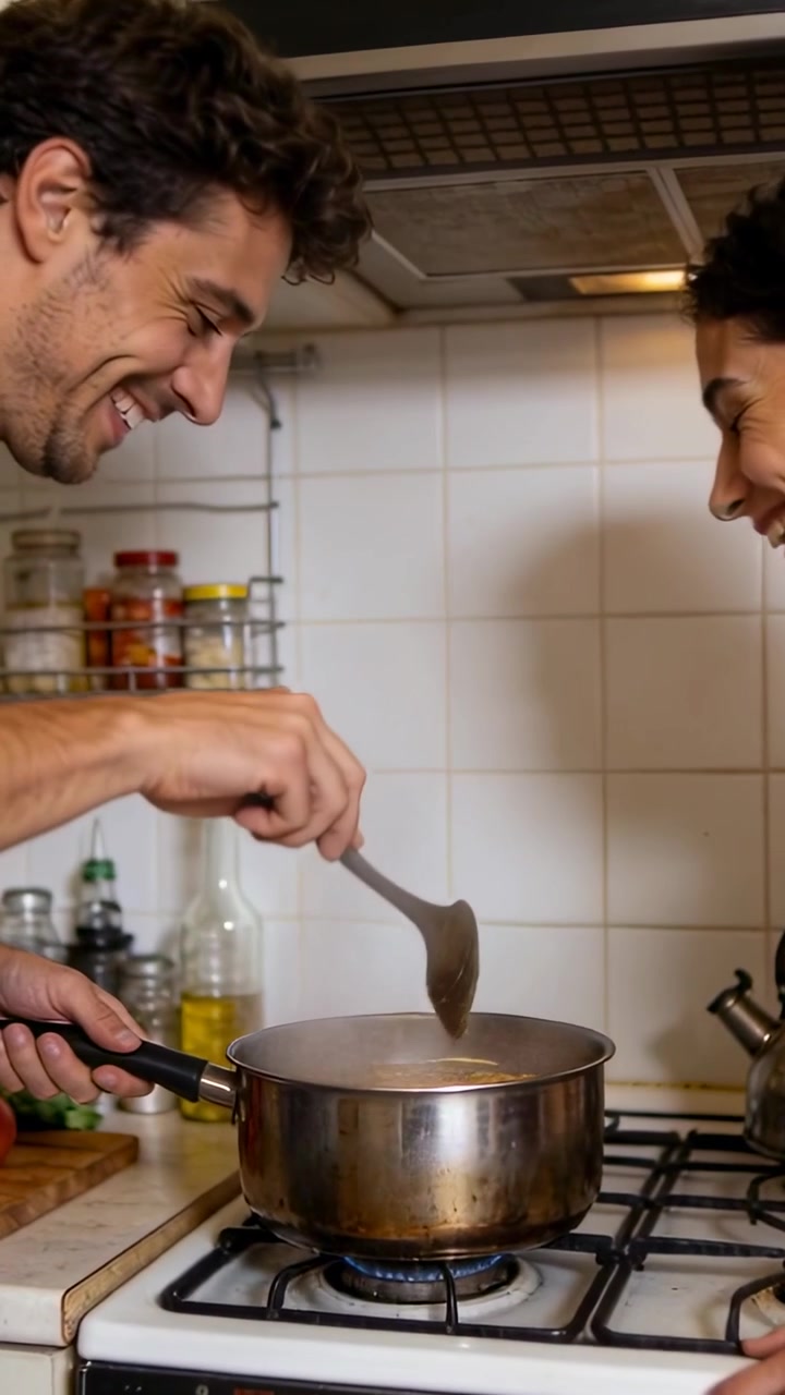 Video vertical: Hombre revolviendo, con un quemador encendido, sosteniendo una olla y una espátula, preparando una comida en la cocina.