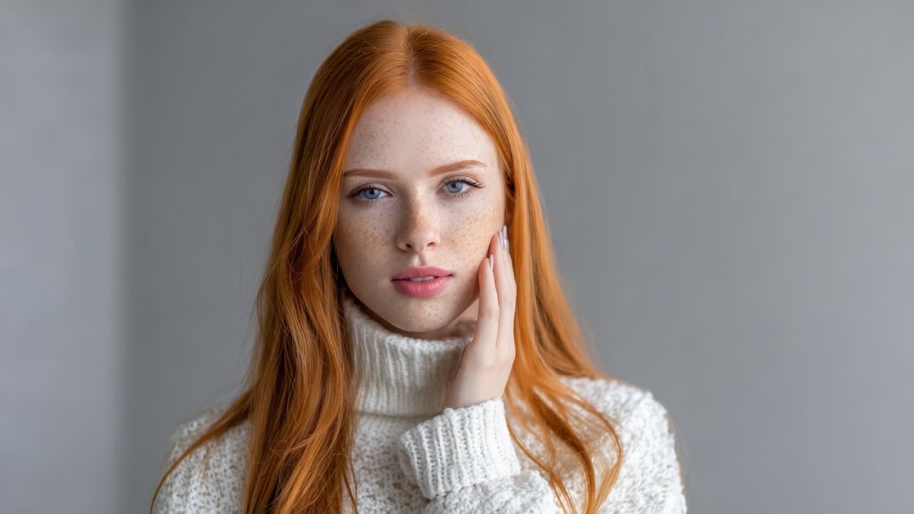 A Captivating Portrait of a Young Woman with Freckles and Red Hair, Elegantly Dressed in a Cozy Sweater, Expressing a Range of Emotions through Graceful Gestures