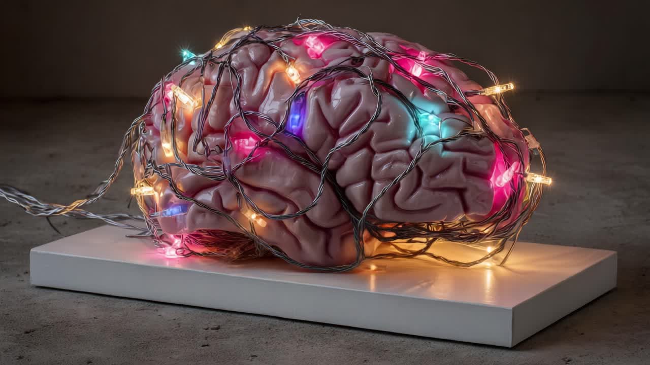 A Brain Illuminated: A Stunning Artistic Representation Featuring a Realistic Model of a Brain Entangled in Colorful Christmas Lights, Merging Science with Festive Aesthetics