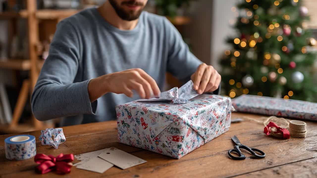 A Person Carefully Wrapping a Holiday Gift at a Festively Decorated Table, Surrounded by Christmas Cheer and Twinkling Lights in the Background