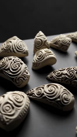 clay sculptures with intricate spiral patterns
