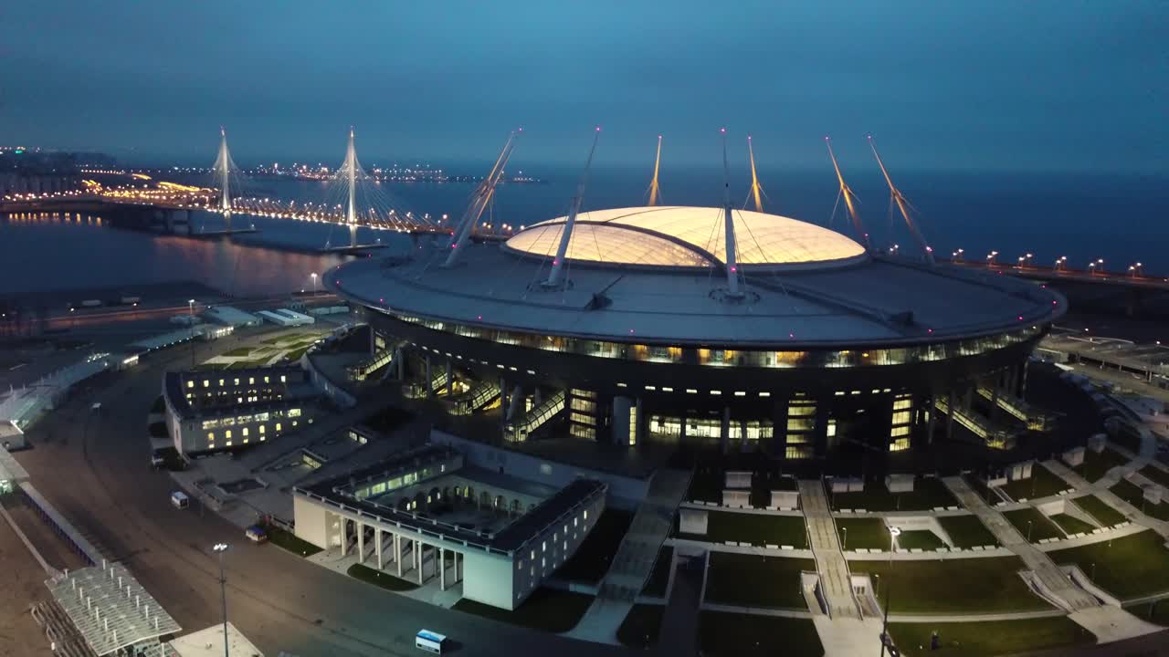 Aerial shot of the magnificent Krestovsky Stadium, home of the legendary FC Zenit Saint Petersburg, in Russia