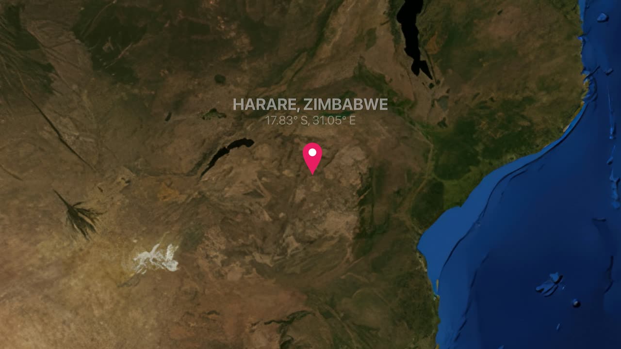 A smooth digital zoom transitions from a global map to a specific Harare Zimbabwe location