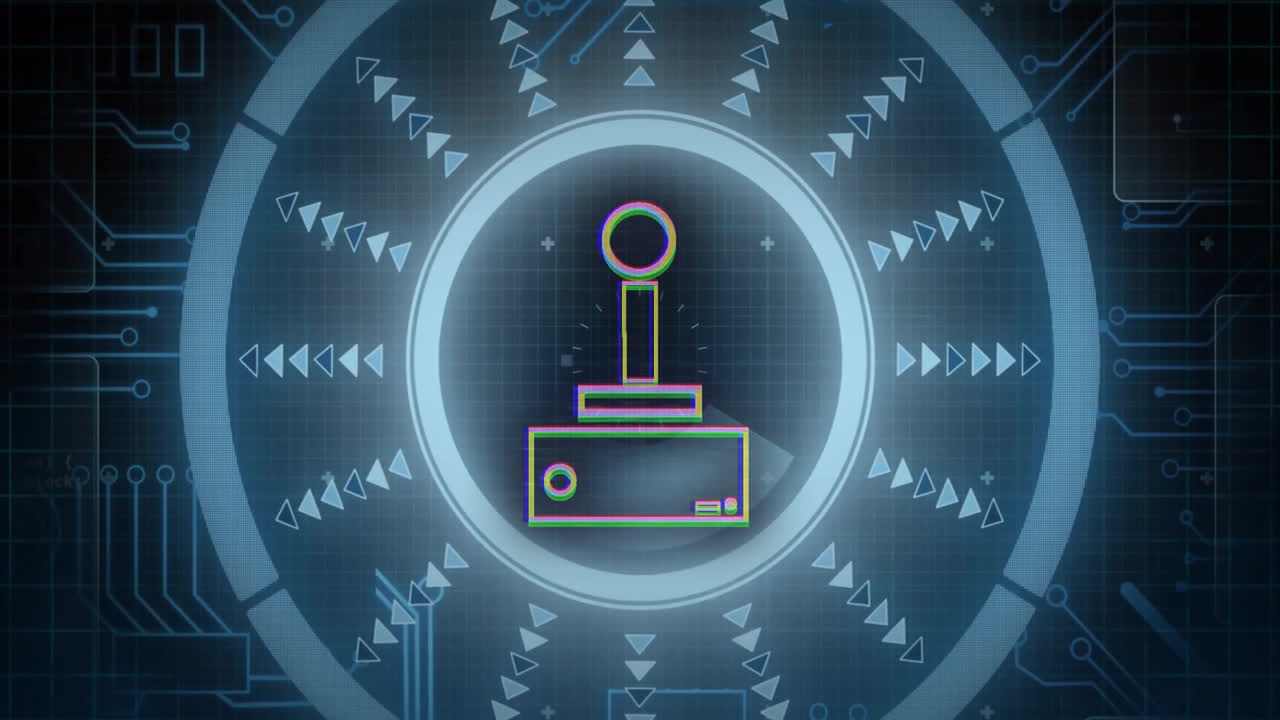 Joystick icon with geometric shapes and digital symbols in blue animation