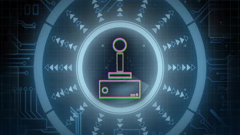joystick icon with geometric shapes and digital symbols in blue animation