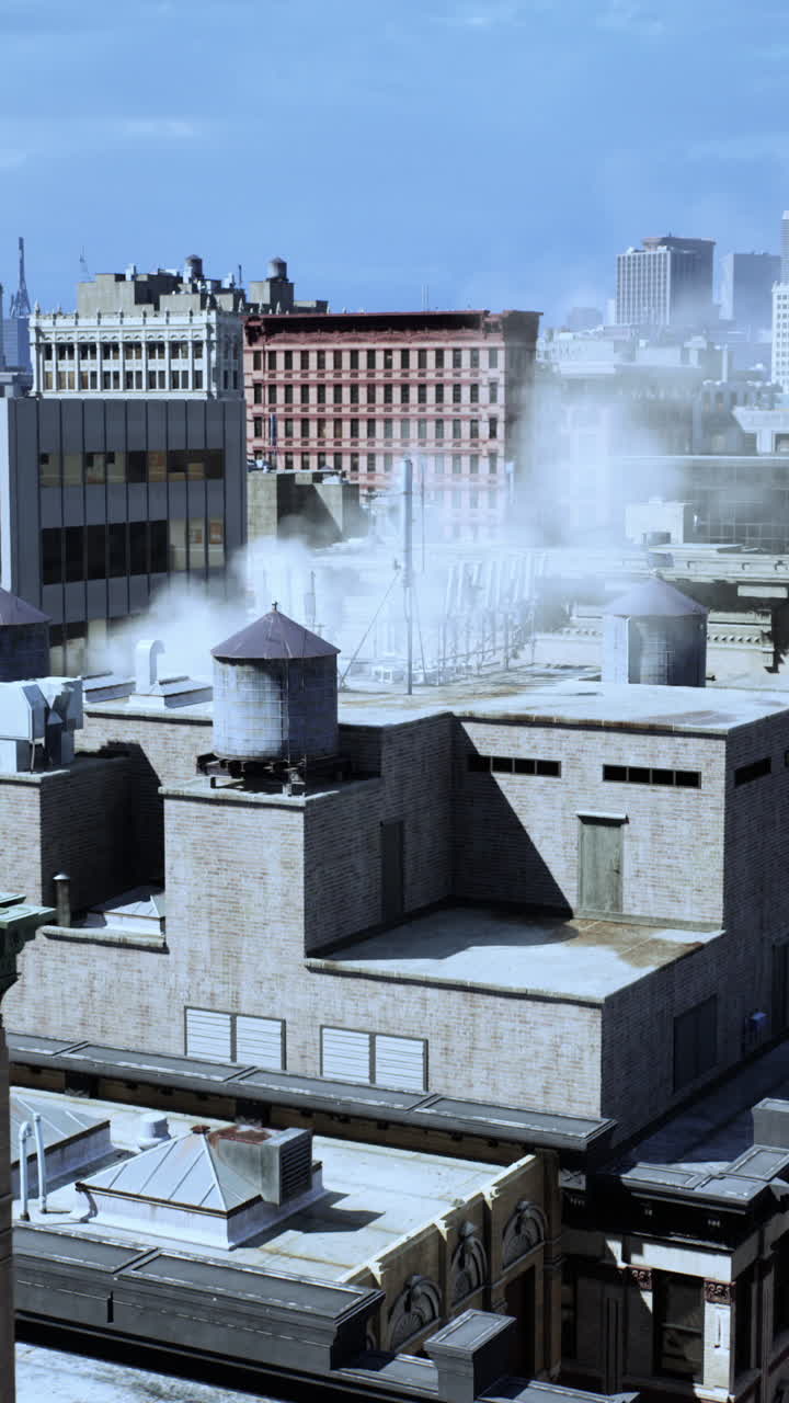 Aerial View of a Cityscape with Buildings and Water Towers