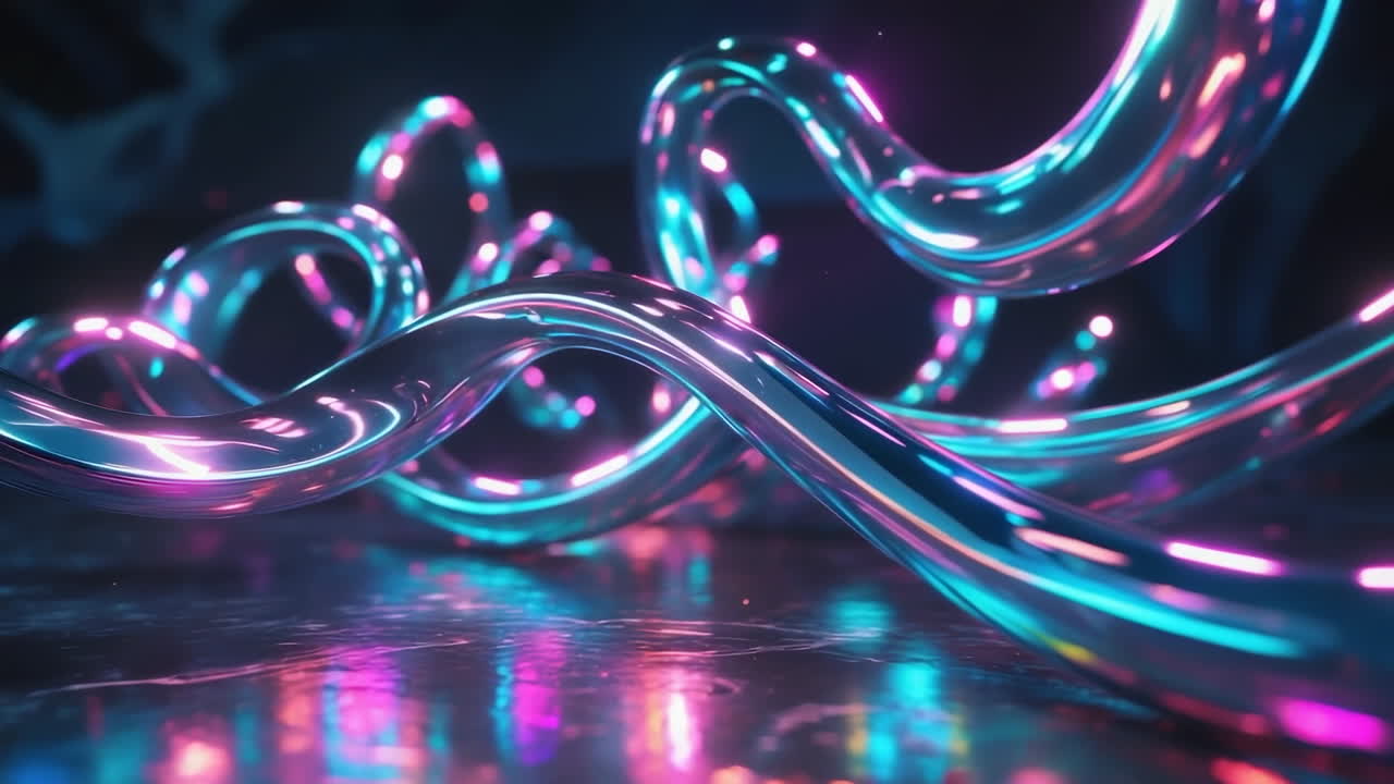 Abstract Neon Glowing Tubes with Reflective Surfaces