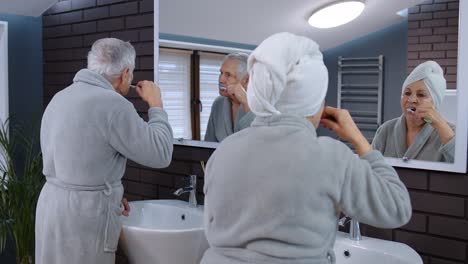 elderly couple brushing their teeth in the bathroom