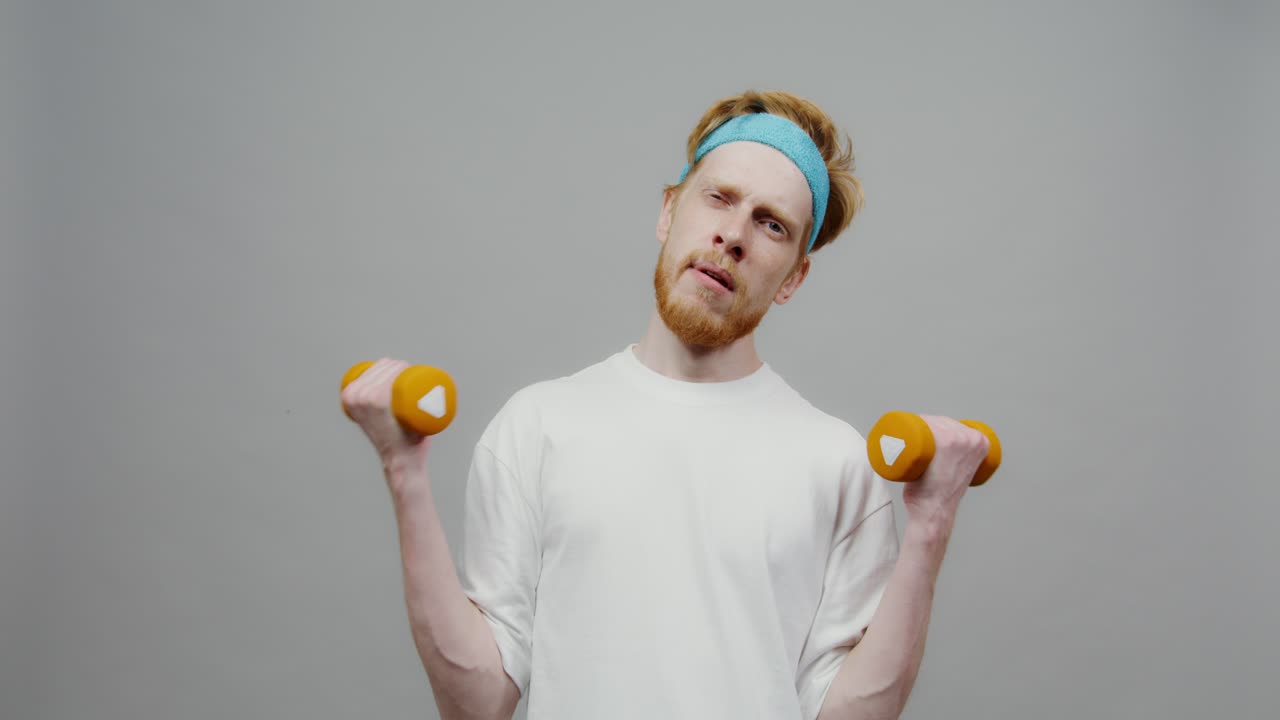 hombre cansado con pesas