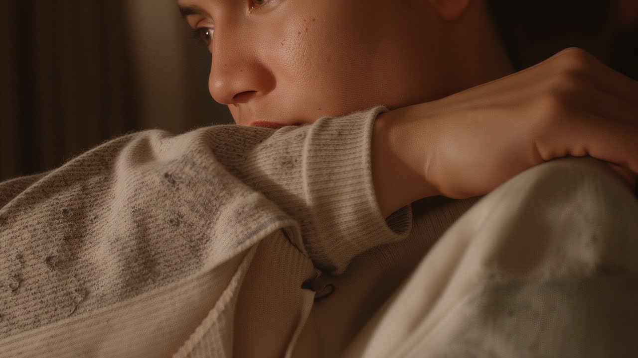 Resting woman with arm-on-chest, turning head to off-screen cue in dim room, knit sweater warm lamp
