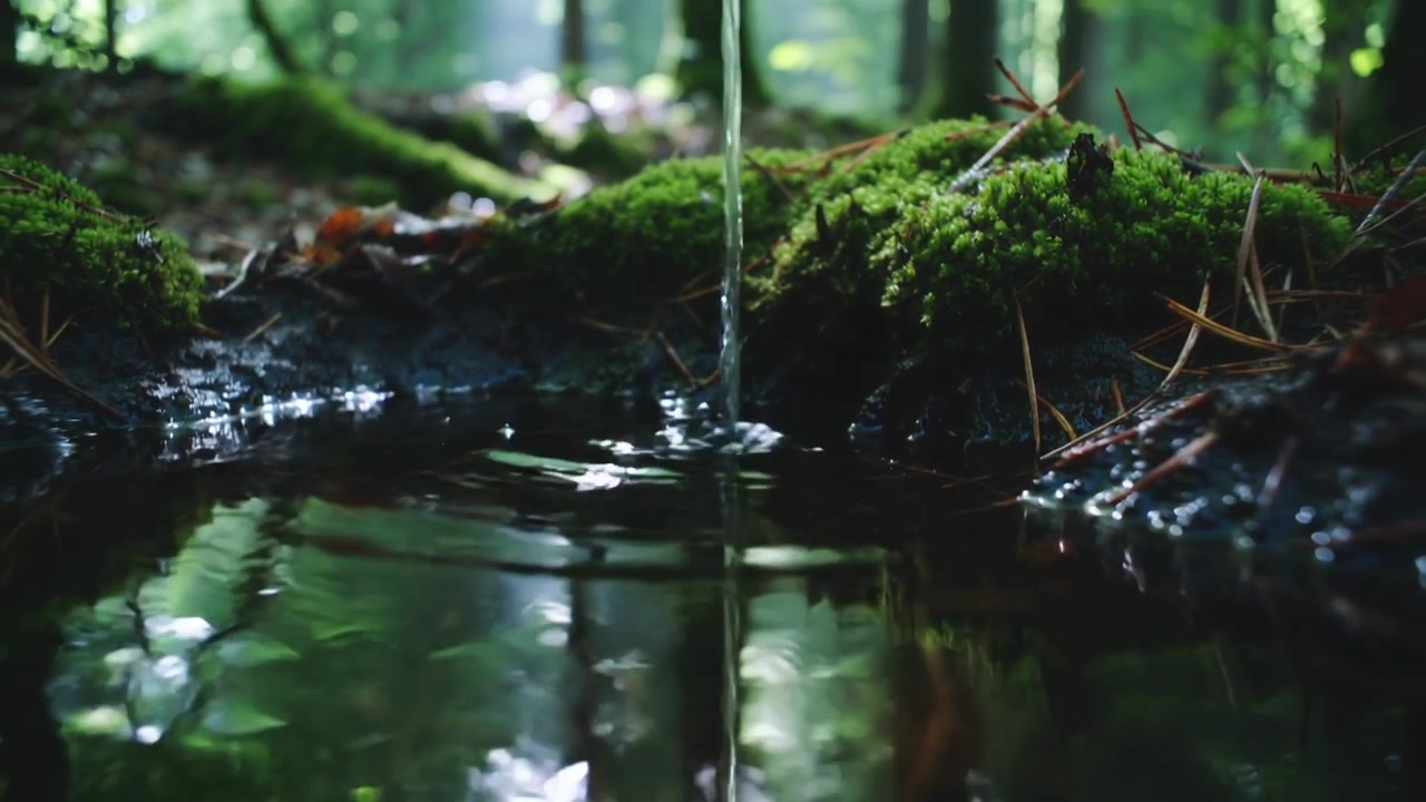 Dripping narrow water column creating concentric ripples on shallow forest pool