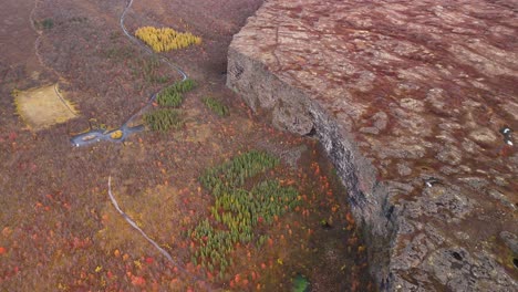 aerial view of an autumn landscape with a cliff and river