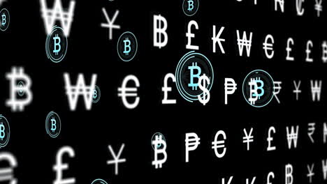 animación de bitcoins flotando sobre símbolos de divisas en un fondo negro.