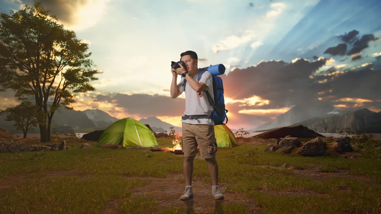 Man taking pictures while camping