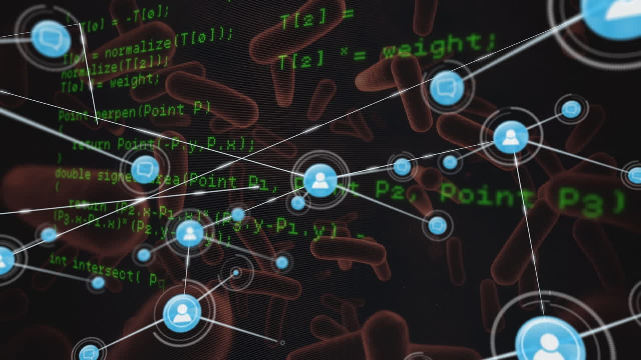 Network of digital icons and data processing against blood vessels floating