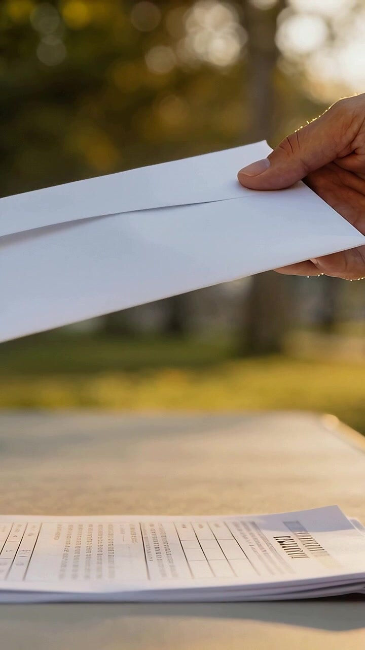 Vertical video: Entering hand holding envelope trying to place on forms at park table, pulling back