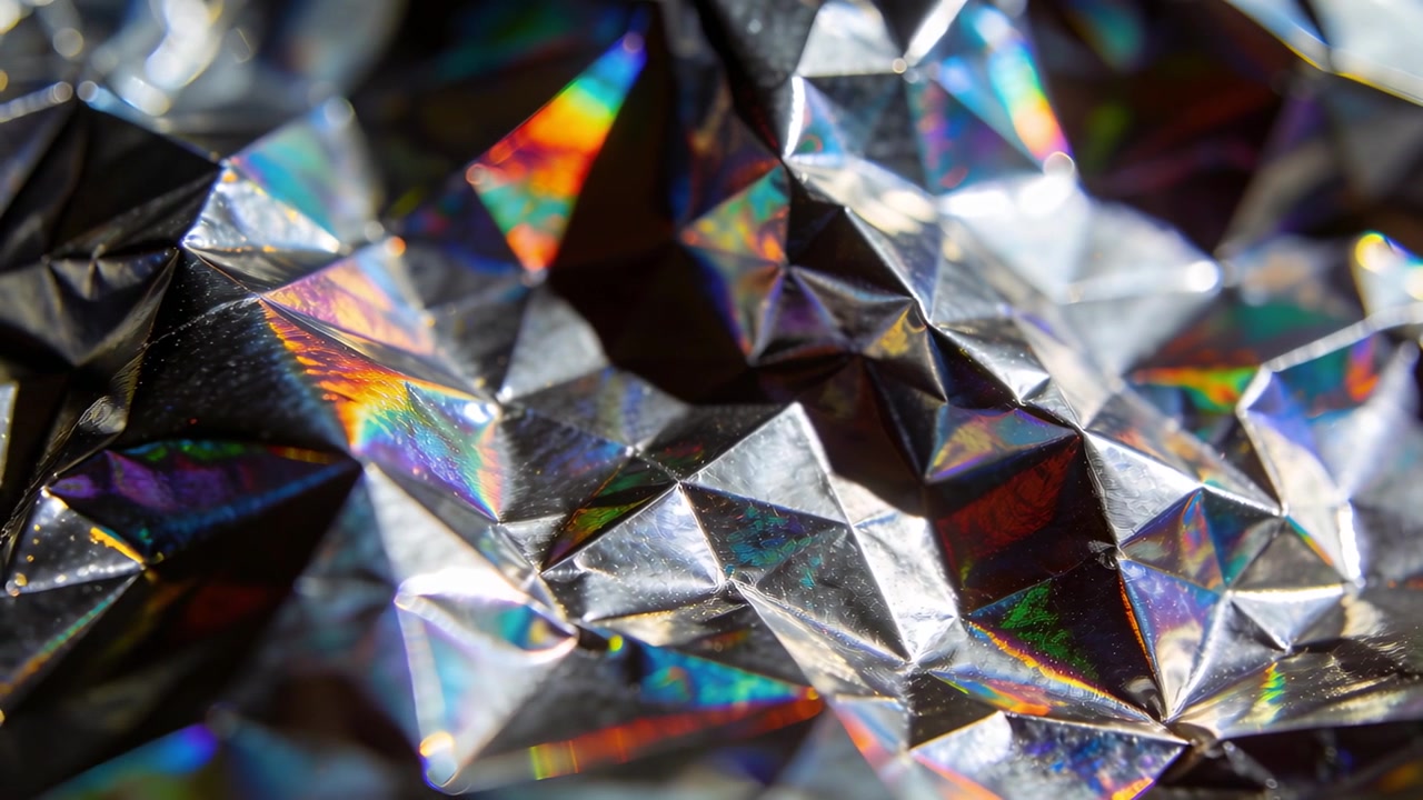 Lamina olografica accartocciata che si sposta, rivelando sfaccettature triangolari dopo un leggero movimento della telecamera.