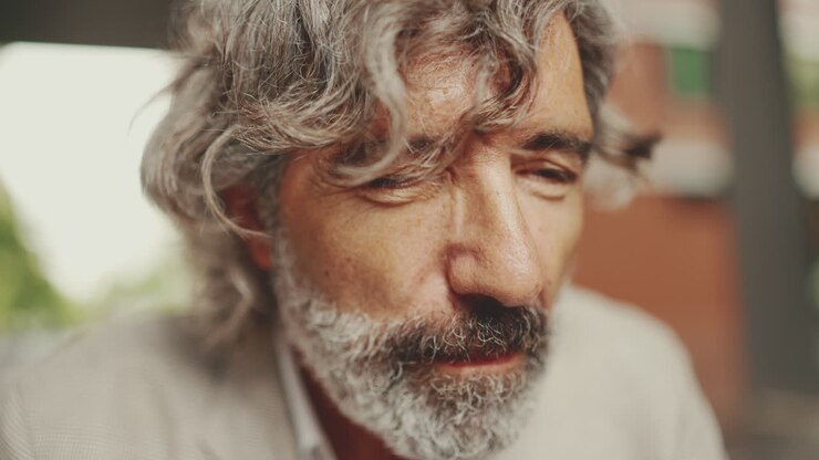 Primo piano di un uomo con capelli grigi e barba che indossa occhiali da vista