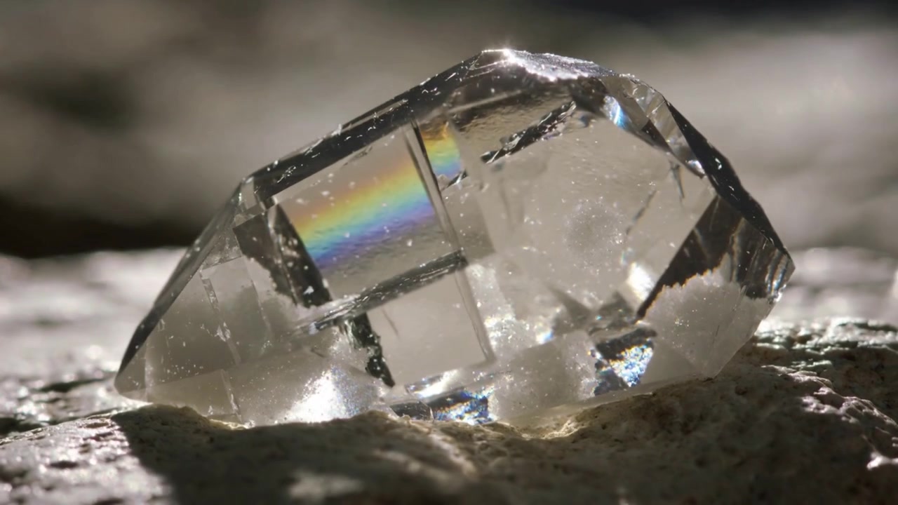 Luce e telecamera in movimento rivelano un cristallo sfaccettato trasparente su roccia grezza, mostrando la sfaldatura interna.
