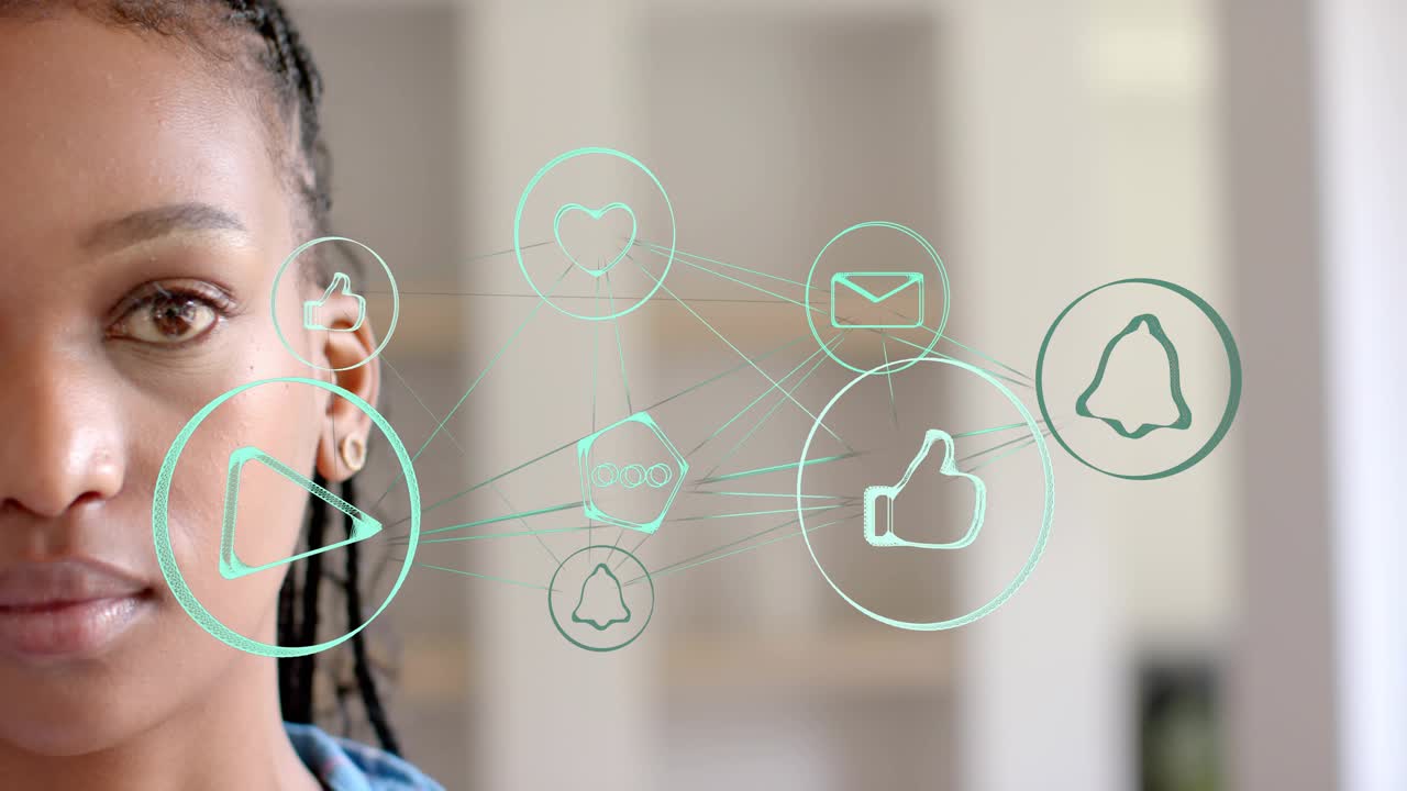 Woman gradually smiling while viewing holographic social media icons and reacting to likes