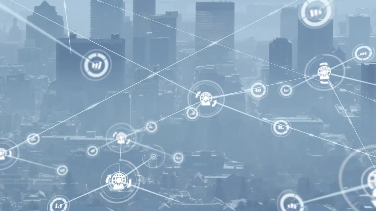 都市風景上のアイコンの接続ネットワークのアニメーション