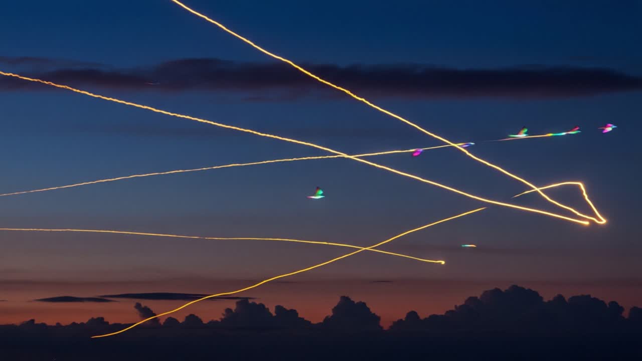 A Captivating Display of Light Trails in the Twilight Sky: Exploring the Mysterious Patterns and Colors Left Behind by Moving Objects Above the Horizon