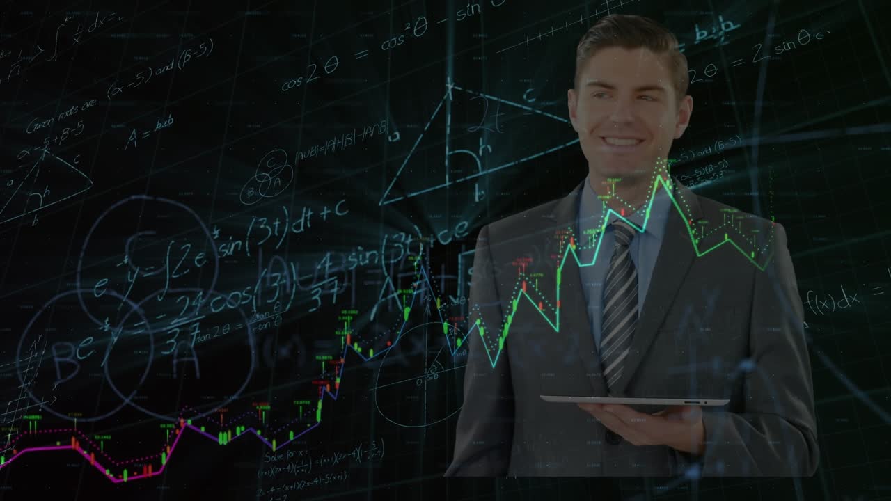 Animação de equações matemáticas e gráfico sobre empresário branco usando tablet