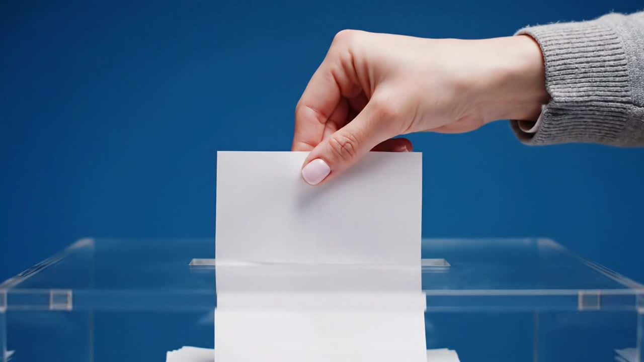 Hand casting vote in clear ballot box during election