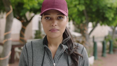 retrato en primer plano de una hermosa mujer de raza mixta que mira pensativa y seria a la cámara con sombrero de pie en la calle en el fondo de la ciudad urbana